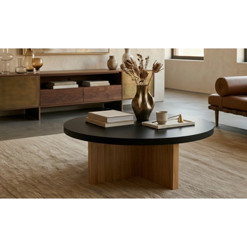 STOLIK KAWOWY z Drewna Litego Dębowego Blat Czarny Płyta MDF  STK-932